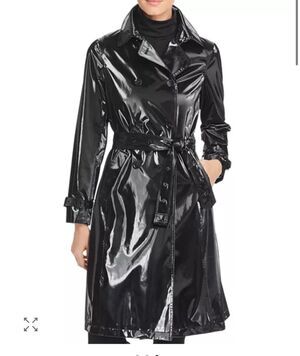 Jane Post $595 High Gloss Trench rain Coat in black womens sz M NWT